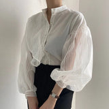 Puff Sleeve White Shirts Blouse Women New Spring Single-breasted Shirt Tops See Through Sexy Loose Blouse Female