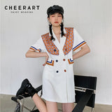 Designer White Short Sleeve Blazer Dress Women With Cape Double-Breasted Korean Fashion Mini Dress 2021 Trend