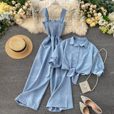 Two Pieces Set Women Loose Short Sunscreen Jacket + Suspending Rompers Clothing Female Casual Holidays