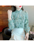 Floral Printed Blouse Women 2023 Fashion Long Sleeve Ruffle Stitching Shirts Stand Collar Vintage Flower Blouse Top