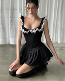 Black Lace Strap Pleated Mini Dress-Outfit