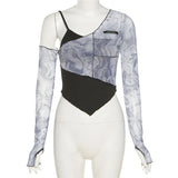 Zingj 2023 New Women's Fashion Print Irregular Sexy Open Shoulder False Two Long-Sleeved Women-Outfit