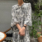 Zingj Chic Spring French Vintage V-Tie Bow Ink Print Design Loose Long Sleeve