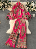 American Fashion Senior Suits Bow Collar Batwing Sleeve Top+Pleated Long Pant 2023 Women Casual Loose Printed