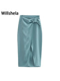 Women Fashion Solid Knotted Front Slit Midi Skirts Vintage High Waist Female Chic Lady