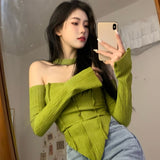 Shoulder Long Sleeve Top Tee Shirt Femme Y2K Clothes Green Tops Mujer T-shirt Black Sexy Funny T Shirts Women