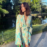 Floral Paisley Printed Women Long Wrap Blouse With Bowknot High Waist New Spring Summer Kimono Beach Holiday Chic