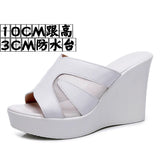 Outside The Slope And A Word Drag Summer New Pine Cake Thick Bottom Waterproof Table Hollow High And Fish Mouth Mesh Slippers