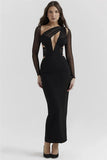 Mesh Long Sleeve Bodycon Deep Neck Maxi Dress-Outfit
