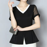 Tops And Blouse Ladies Tops Chiffon Blouse Shirts V-Neck Shirts Short Sleeve Women Clothing Black V-Neck 3767