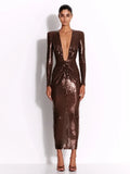 Brown Sequin Deep V-Neck Long Sleeve Evening Midi Dress- Outfit