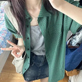 Summer Short Sleeve Plaid Loose Women Blouse Y2k Aesthetic All Match Single Breasted Blusas Fashion Harajuku Pocket
