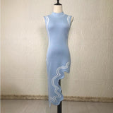 Asymmetrical Wavy Hem Round Collar Knit Midi Dress-Outfit