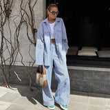 Zingj New Blue Striped Lapel Shirt Long Sleeve Wide Leg Pants Suit Loose Fashion Women's Wear-Outfit