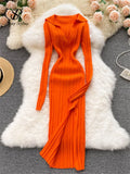 Women Korean Knitted Dress Long Sleeve V Neck Elastic Slim Pencil Dresses 2023 Autumn Sexy Bodycon Split Sweater
