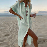 874 Spot Women's Ins Wind Solid Color Casual Long Sleeve Long Cotton Linen Shirt