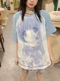 Tops Cartoon Print Loose T Shirts Women Japanese Casual Y2k Aesthetic Grunge Harajuku Contrast Color Patchwork