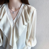 Apricot Elegant Blouse Women Auutmn Spring New Long Sleeve Ruffles Chic Solid Lantern Sleeve Tops Blouse Lining