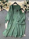 Autumn Solid Knitted Two Pieces Suits Loose Cardigan+V Neck Tank Bodycon Mini Slim Skirt Women Streetwear Sweater