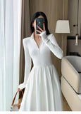 Vintage White Long Sleeve Knitted Midi Dresses for Women 2023 Autumn Casual Fashion Slim Elegant Party Female