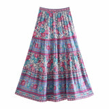 Queens Hippie Women Floral Print Beach Bohemian Pleated Skirt Ladies High Elastic Waist A-Line Rayon Boho Maxi