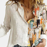 2021 Women Botton Vintage Polo-Neck Office Lady Spring Summer Loose Casual Cartoon Printing T-Shirt Long