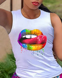 Pieces Suit Summer Women Outfit Holiday Lip Print Tank Top & Ink Splash Print Drawstring Shorts Set Women's Clothing