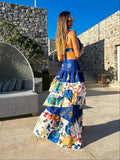 New Women Two-piece Skirt Suit Straps Tube Top Skirt Sweet Printed Bra Naked Waist Chic Beach Dance