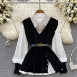 Zingj New Light Ripe Wind Outside Wear Loose Lapel Splicing White Shirt V Collar Diagonal Buckle Knit Vest Two