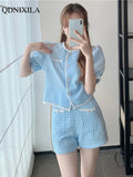 Summer Women's Shorts Suit Casual Fashion Ladies Wind Short Puff Sleeve Top and High Waist Slim Wide Leg Shorts 2 Piece