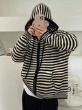 Hooded Striped Long Sleeve Knit Cardigan- Outfit