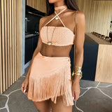 Sexy Tassel Women Two Piece Bikini Set Halter Lace Bra Tassel Mini Skirt Suit Beach Vacation Casual Female Bathing