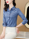 Women Shirts Polo Neck Silk Print Floral Vintage Top Button Up Shirt Satin Long Sleeve Blouse Ladies Tops Female Basic OL