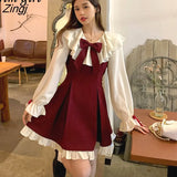 Vintage Lolita Dress Sets Cute Bow Kawaii Peter Pan Collar Puff Sleeve Shirt+High Waist Pleated Mini Skirt Lady