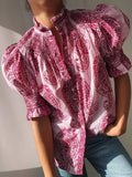 Zingj Elegant Pink Printed Pleated Shirts Chic Ruffle Collar Short Puff Sleeves Buttons Shirt 2024 Lady Vacation Streetwear 211-0-Outfit