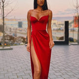 2022 Summer Women Sexy Party Dress Spaghetti Strap Silk Red Black Split Long Satin