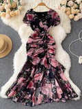 Retro Minority Design Rope Printing V-Collar Jumpsuit Skirt Summer Women's Dress Waist Hip Fishtail Skirt