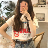 Sleeve T-shirts Women Crop Top Cartoon Printed Loose Slender All-match Street Wear Korean Girls New Fashion Casual