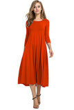 Women Round Neck Shirt Half Sleeve Solid Long Skirt Color Wide Hem
