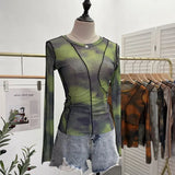 Sunset Sun Dyed Elastic Mesh Yarn T-Shirt Stacked With Long-Sleeved Top Press Line T-Shirt