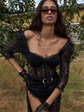 Y2k Fashion Party Vacation Beach Sexy Black Lace Long Dress Women's Spring Quarter Sleeve Mid-Calf Dresses