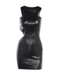 Hollow Out Mini Dress Faux PU Leather Elegant O Neck Sleeveless Casual Sexy Slim Solid Streetwear High Waist