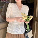 Summer Lace Chiffon Blouse and Tops V Neck Fashion Short Sleeve Shirts Women's Casual Lady Buttons Female Clothing