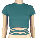 Summer Women Black Short T-Shirts Sexy Crop Tops Short Sleeve Bandage Tee Tops Female Shirts Fashion Woman