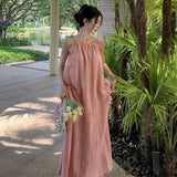 Zingj Dress Female Loose Show Thin Big Skirt Pleated Sleeveless Shoulder Cut Long