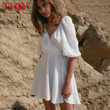 Sexy V-Neck White Summer Dresses Woman 2022 Elegant High Waist Puff Sleeve Mini Dress Casual Classic Female