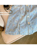 New Summer Women Polo Neck Blue Denim Single-breasted Dress Sweet Floral Print Design Short Sleeve Korean Fashion Mini