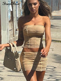2022 Mesh Black Women Set Sexy Sleeveless Crop Tops Y2k Ruched Mini Skirt Slim Summer 2 Piece Sets Beach Party