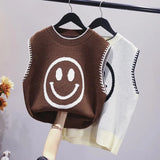 smiley jacquard round neck sleeveless knitted vest loose sweater Korean pullover blouse women casual