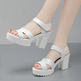 Leather High Heel Waterproof Sandals Women Fashion Crocodile Pattern Walking Shoes Summer Coarse Heel Magic Sticky H Women's